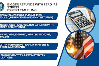 prepare and e file US personal and business tax returns 1040, 1120s, 1065, 1120c