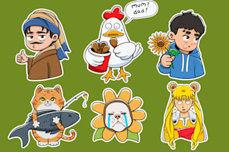 draw cute cartoon, animal, food for sticker