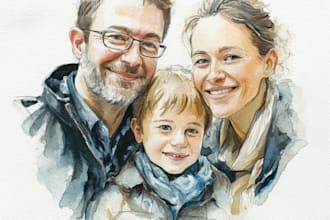 draw a family portrait with digital watercolor painting