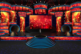 create 3d stage design, concert design, double deck booth, 3d virtual staging