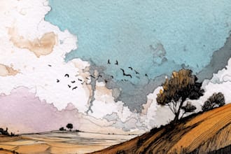 landscape sketch watercolor and ink