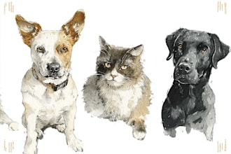draw pet, dog and cat to watercolor portrait