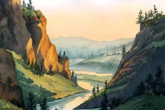 paint a watercolor and gouache landscape illustration