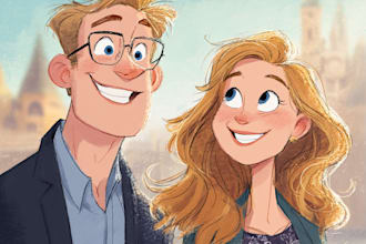 do disney couple portraits in cartoon
