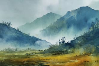 watercolor landscape painting by hand