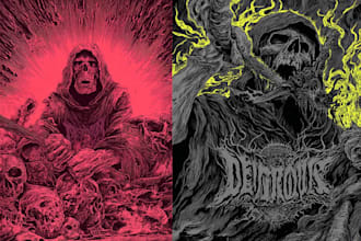 draw dark metal horror line art illustration for tshirt album cover