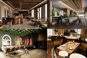 do restaurant interior design, wedding decor,café, bar, hall, cafe 8k rendering