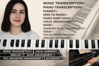 transcribe midi to piano sheet music, satb vocal harmony music arrangement