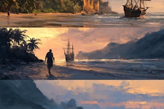illustrate environments, landscapes, board game, concept art