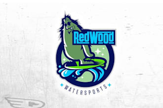 make awesome surfing sasquatch logo for redwood water sports