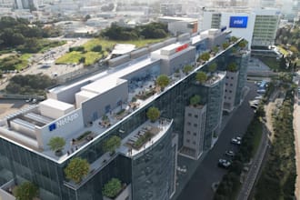 resize modern office building complex,render glass facade, green rooftop terrace