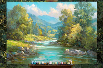 paint landscape in real oil painting on canvas