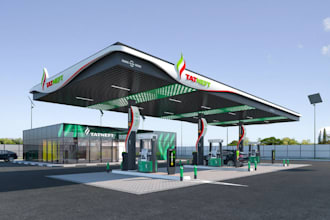 build 3d filling station, gas station, petroleum selling space, restaurant,cgi