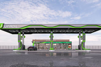 3d coffee shop,filling station,repair shop, shopping mall,oil station,cgi render