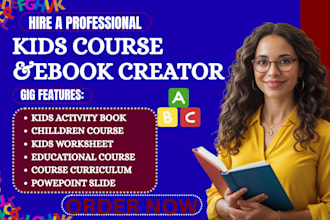 create ebook online course, kids activity book, course curriculum, lesson video