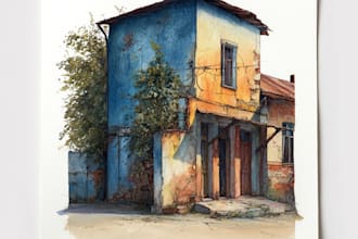 handmade watercolor painting of house, building