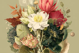 create botanical illustration of flowers, plants, and fruits