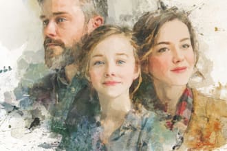 merge photos to watercolor family portrait illustration and friendship portrait