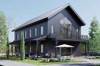 create 3d barndominium building design, realistic exterior render, coastal villa
