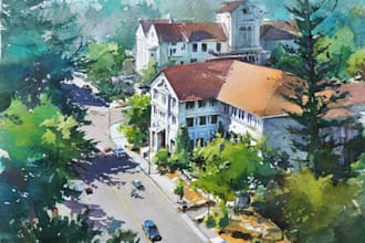 draw original watercolor landscape or architecture art