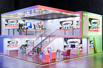 visualize 3d double story exhibition booth, lounge area,3d showcase,kiosk,stage