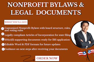 draft nonprofit bylaws, article of incorporation, and 501c3 documents accurately