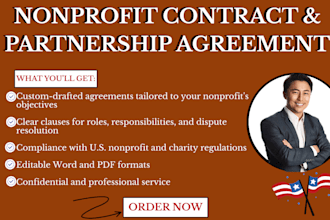 draft nonprofit contracts, mous, and partnership agreements for full compliance