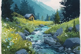 paint a watercolor and gouache landscape illustration