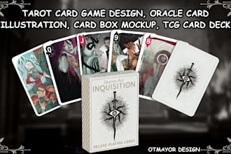 tarot card game design, oracle card illustration, card box mockup, tcg card deck