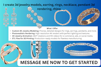create 3d jewelry models, earring, rings, necklace, pendant 3d rendering, rhino