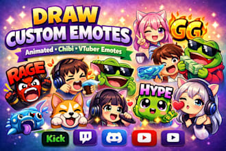 draw custom emotes, animated emotes, chibi emotes, kick, discord, vtuber emotes