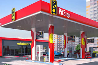 do 3d fuel station, 3d mini supermarket architectural layout interior, exterior