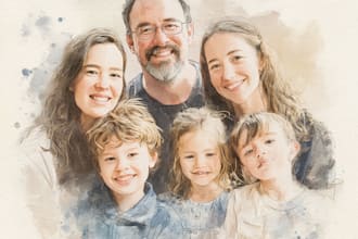 merge photos, combine photos to cartoon or watercolor family portrait gift