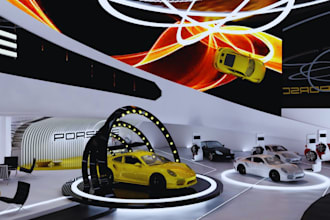 create a 3d car showroom, dealership, motorhome,  maintenance center design