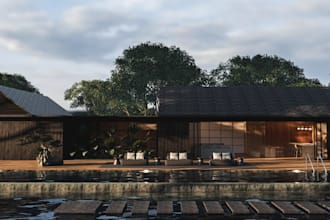 convert 2d elevation plan to 3d exterior design,patio lounge,enscape render,pool