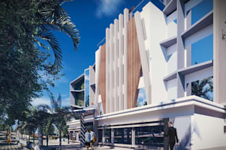 do 3d hotel exterior, layout plan, lounge, garden decor, pool, patio, car park