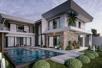 renew 3d luxury house,pavilion pool,fire place,greenery garden,facade rendering