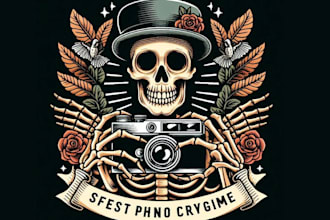 create vintage skeleton hold camera shop logo