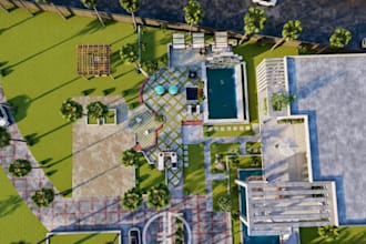 recreate 3d landscape villa exterior,isometric bird eye view,site map,skp render