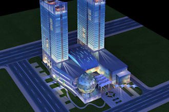 do 3d model interior and exterior architectural tower, skyscraper with animation