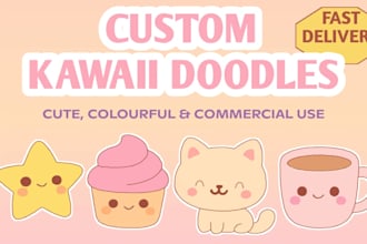 draw kawaii doodles, custom cute kawaii character designs, hand drawn doodles