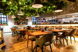 design cozy café, bakery, burger shop, restaurant interiors with 3d rendering