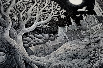 draw detailed dark art with woodcut or style