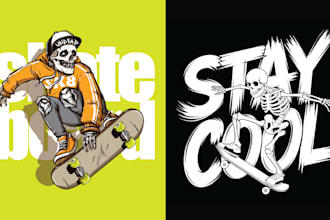create vector illustration of skeleton riding skateboard logo
