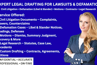 be your civil litigation lawyer for defamation, motions, lawsuits and complaints