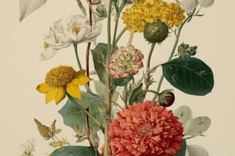 design botanical illustration of plants, fruits and etc