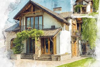 create house or building photo into watercolor art
