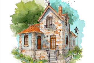 draw house illustration watercolor style