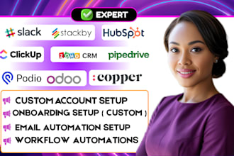 setup hubspot crm slack stackby click up odoo crm podio copper pipedrive crm