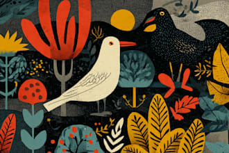 make botanical animal, linocut doodle, patterns illustration